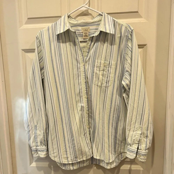 Vintage LL Bean Blue Green Cotton Striped Shirt Women’s size Medium Hong Kong - Picture 1 of 6